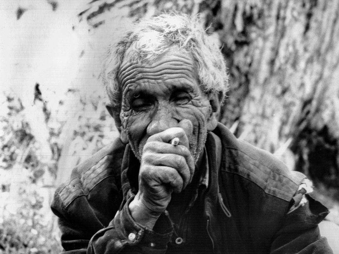 Close portrait of an elderly man with wind-blown white hair and deep wrinkles, smoking a hand-rolled cigarette, wearing a worn jacket in front of a tree trunk