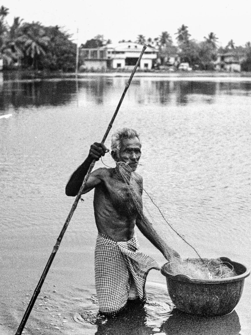 A shirtless man wades in a lake holding a long pole and a net gathered in a large basin, houses and palm trees reflected in the still water behind him