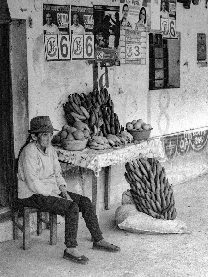 An elderly woman in a hat sits beside a table piled with bananas and fruit, election posters covering the wall behind her stall