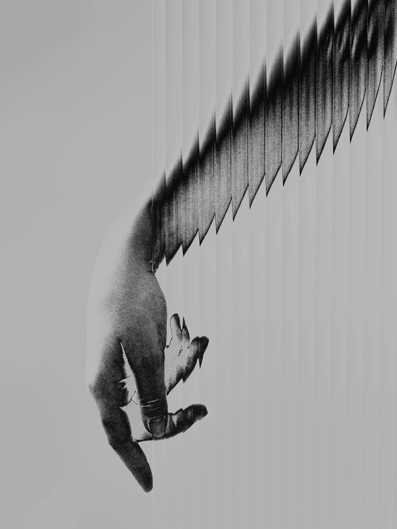 A closed fist reaches through fluted glass, fingers curling as the arm dissolves into fine vertical striped bands trailing into darkness