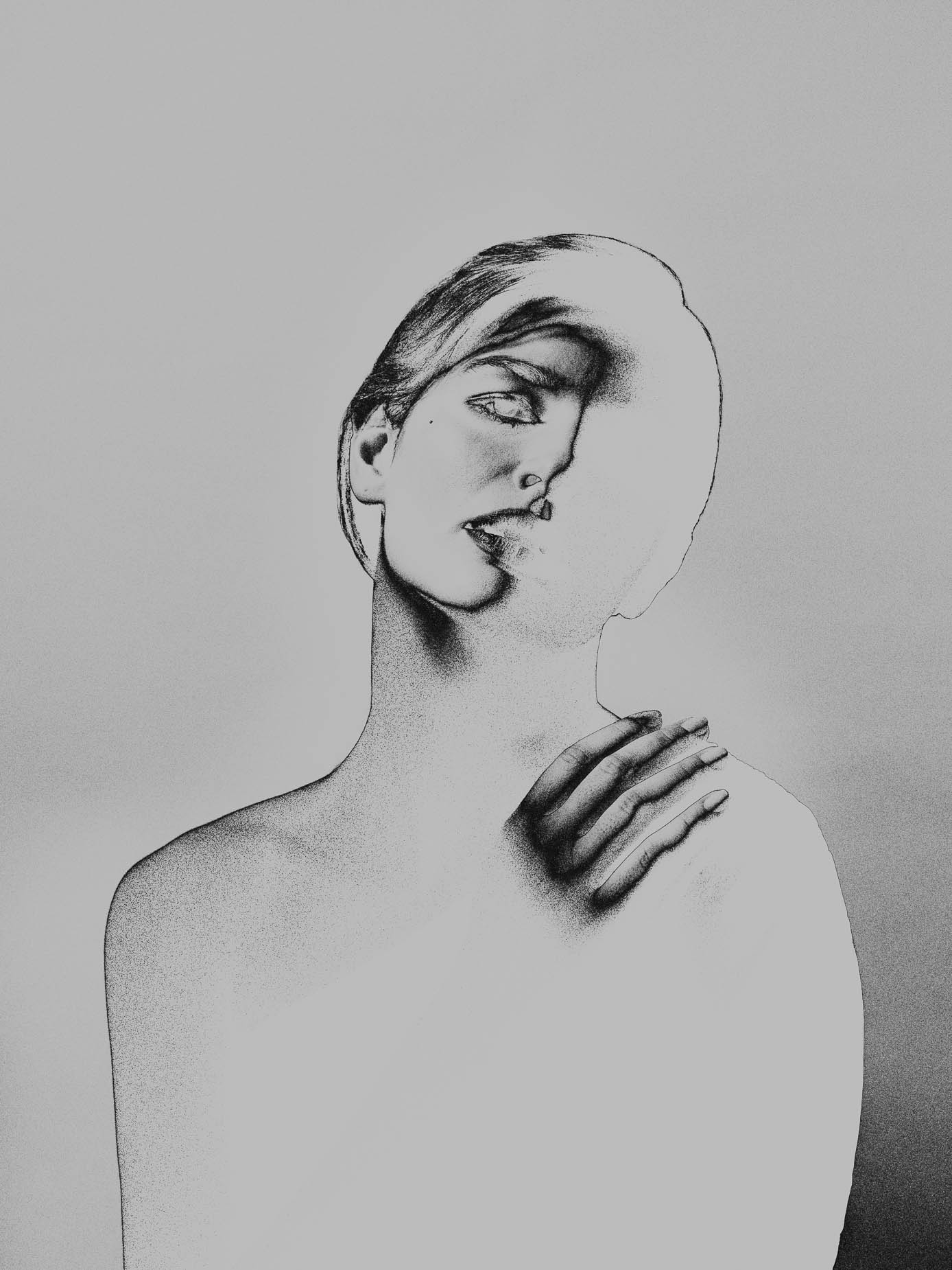 An abstracted portrait with half the face left blank, a hand resting on the bare shoulder, the visible eye and mouth rendered in fine detail