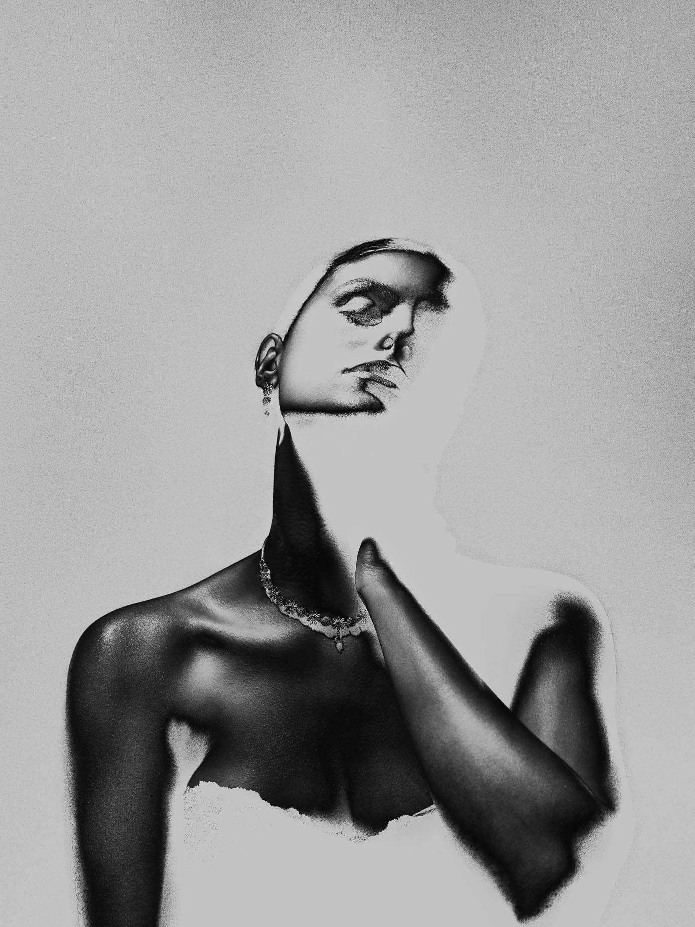 A figure with a downward gaze and closed eyes, one hand raised to the jaw, an earring catching the light against a pale background