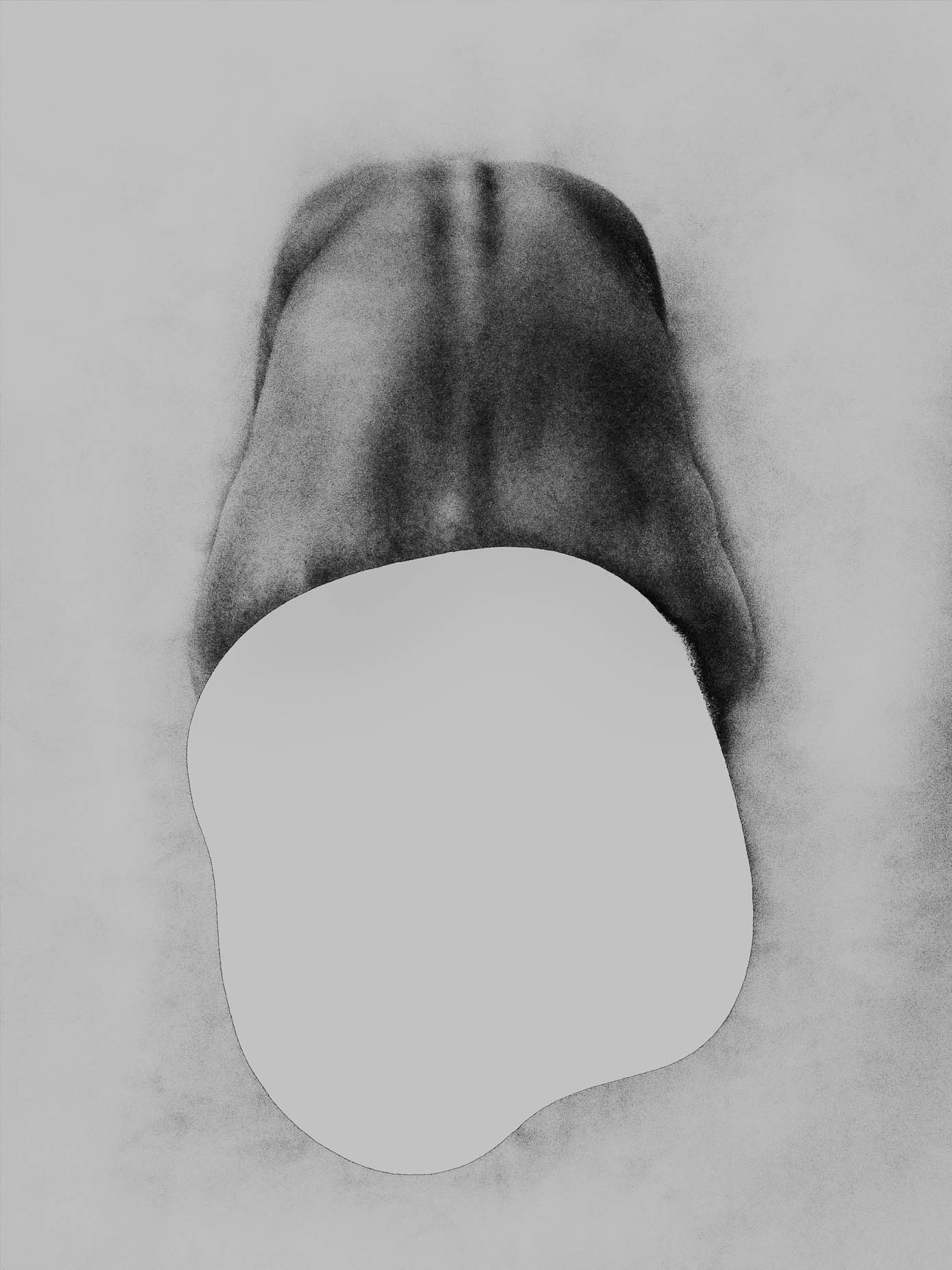 A dark silhouette of shoulders and neck, the lower half cropped by a large pale circle against a plain grey background